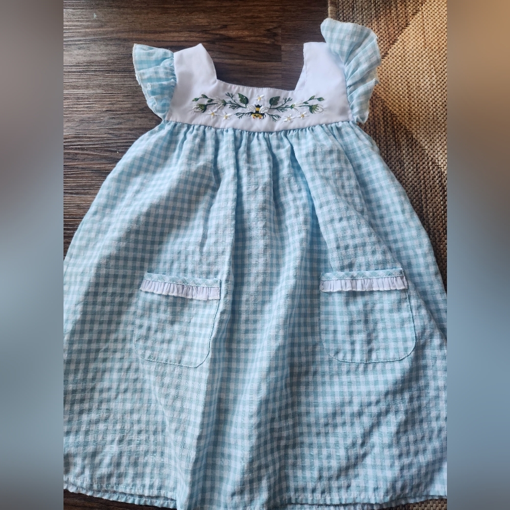 Blue Gingham Dress with Floral Embroidery